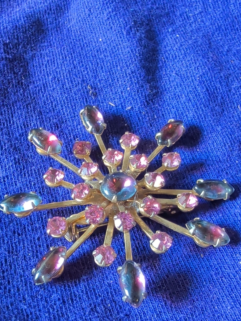Unique Vintage Gold-Tone Pink and Iridescent Starburst Brooch